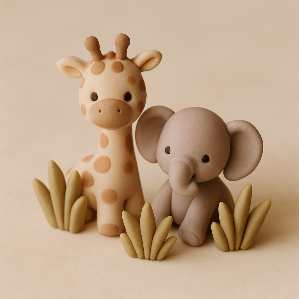 A giraffe and elephant figure are grouped together among sculpted grass tufts on a cake topper in soft earth-tone colors.