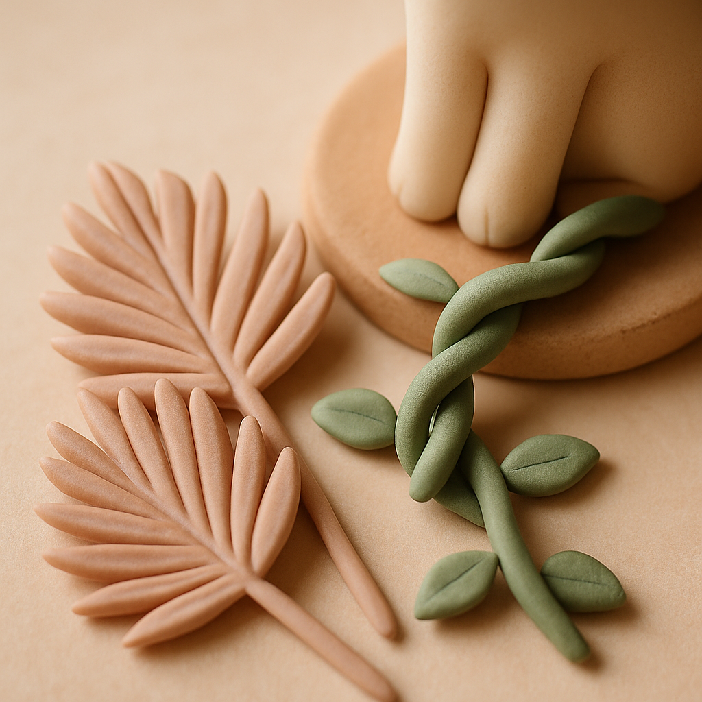 Hand-sculpted palm leaves and a vine wrap around the base of an animal cake topper.