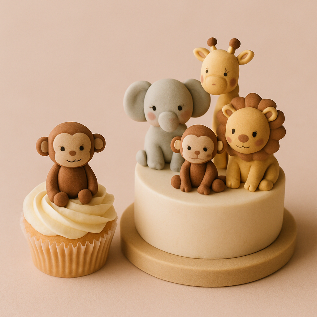 A single monkey topper on a cupcake is shown beside a larger multi-animal topper scene on a tiered cake for size comparison.
