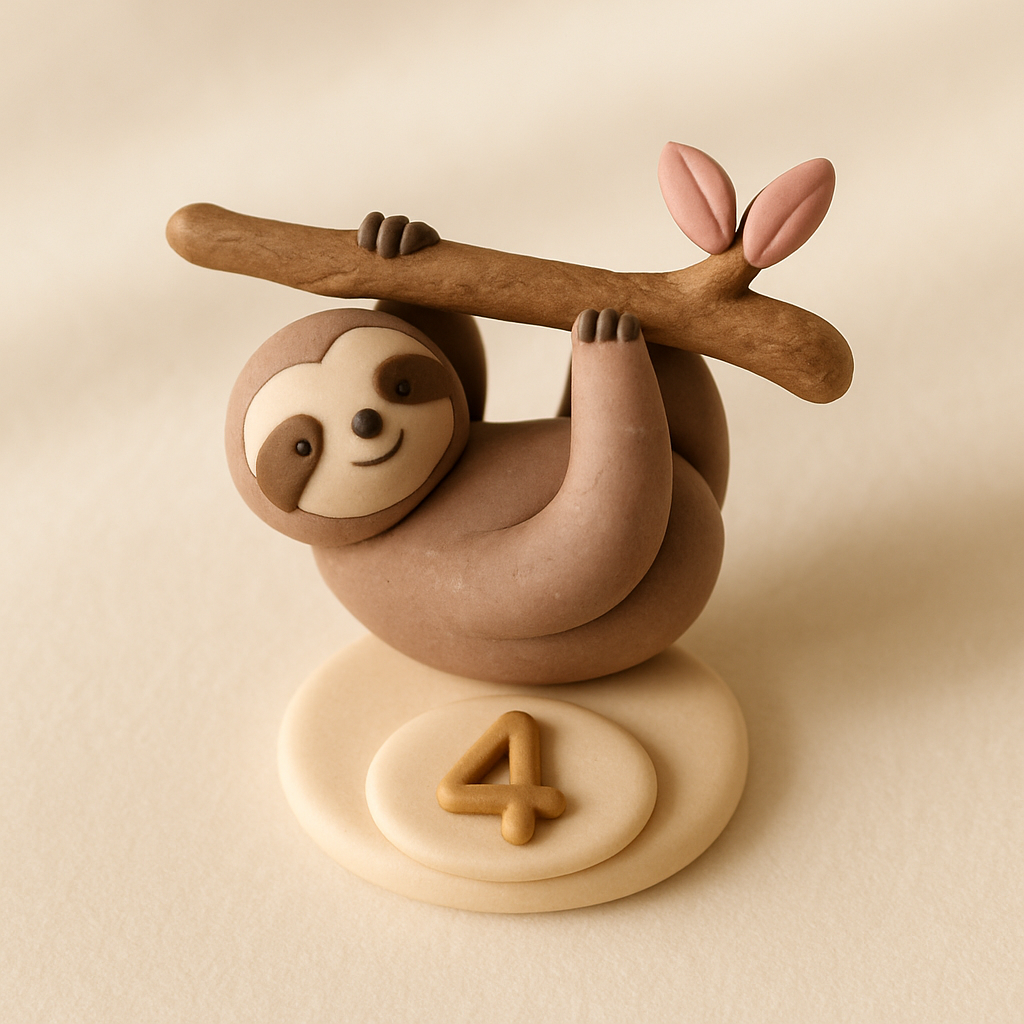 A sloth figure hangs from a sculpted branch on a cake topper with a small age number plaque at its base.