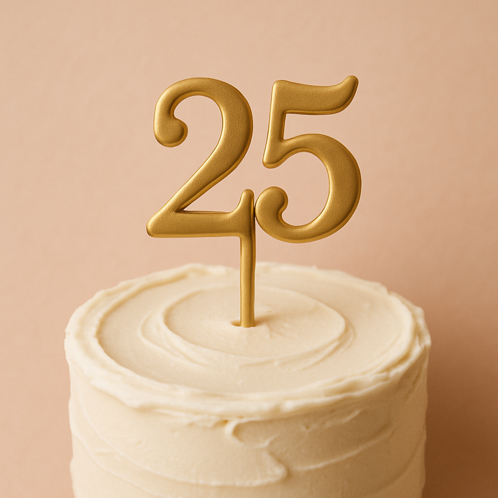 A gold number twenty-five topper sits on a white frosted anniversary cake.