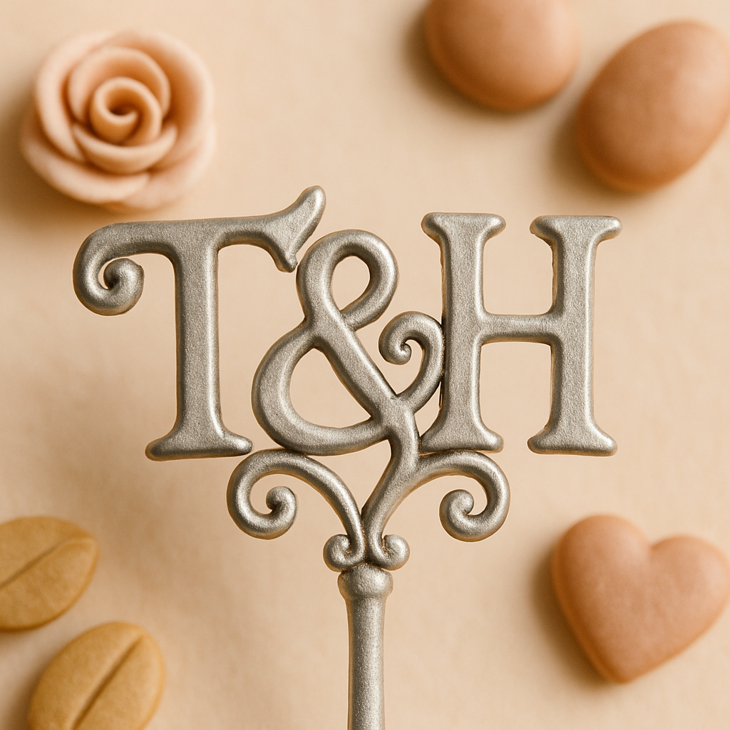 A cake topper finished in a silver tone with delicate scroll detailing for a milestone anniversary.
