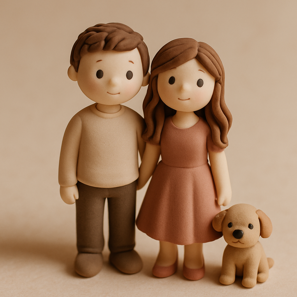 A couple figurine in casual clothing stands beside a small dog figurine on an anniversary cake topper.