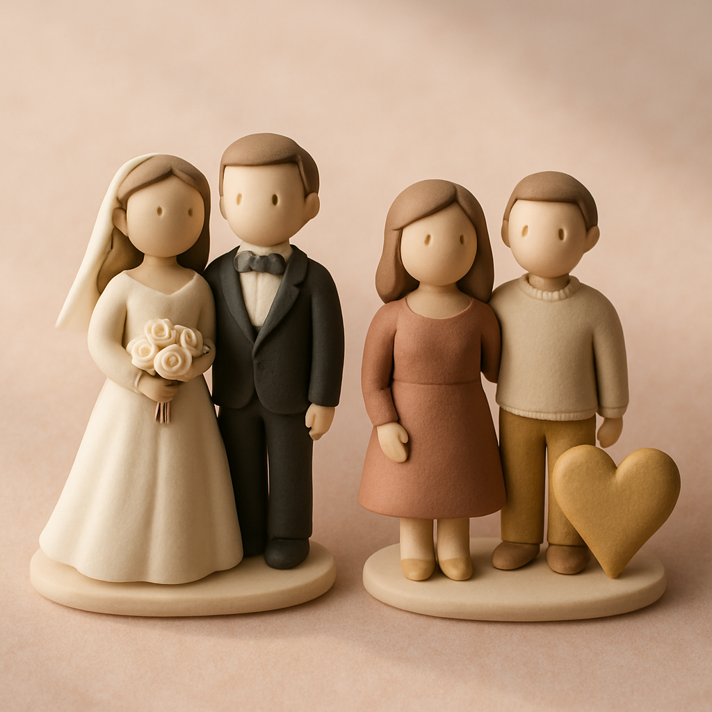 A formal wedding cake topper is shown beside a simpler modern anniversary topper for comparison.