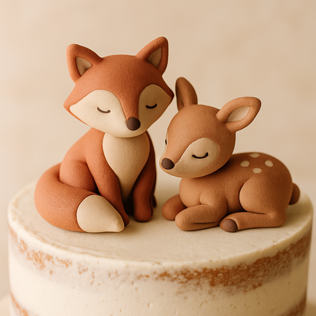 A hand-sculpted fox and fawn cake topper sitting on top of a naked buttercream cake.