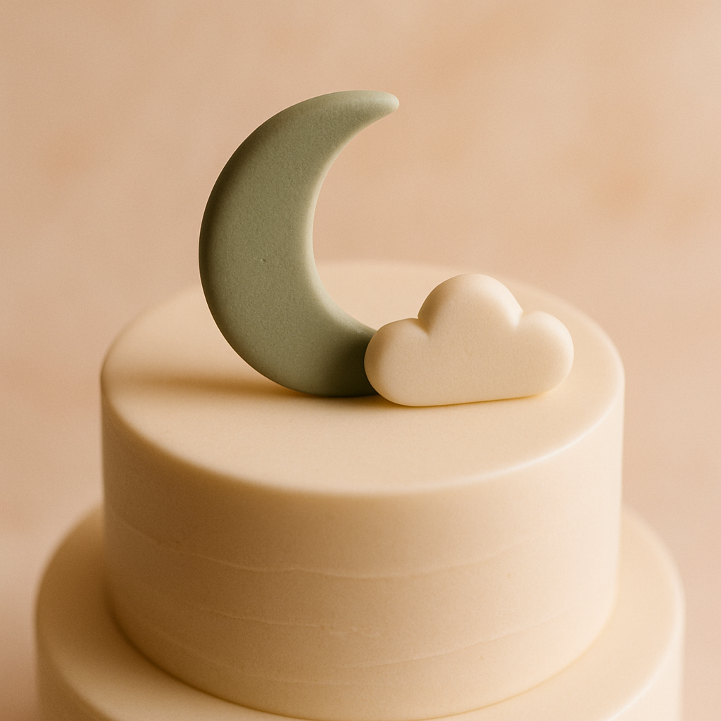 A minimalist moon and cloud cake topper in cream and sage green atop a two-tier baby shower cake.