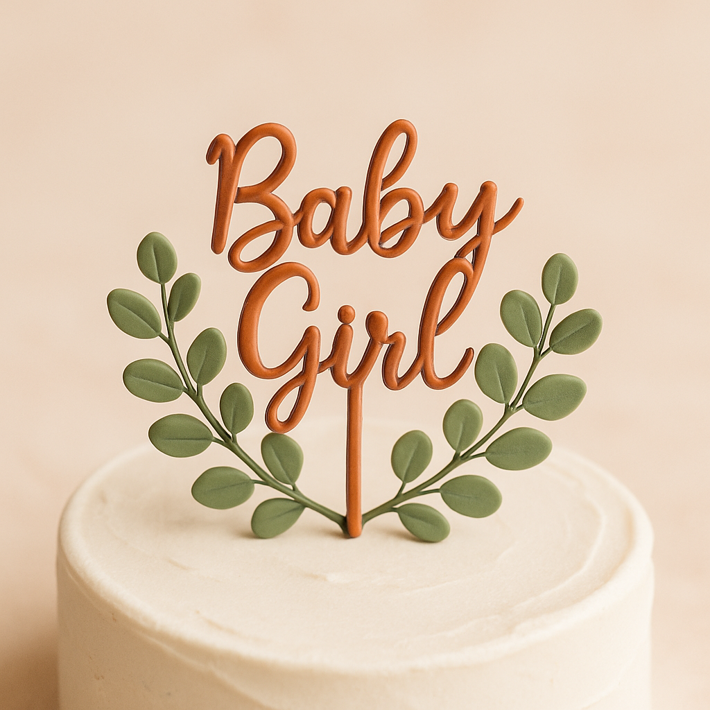 A script cake topper reading Baby Girl decorated with small handcrafted eucalyptus leaves.