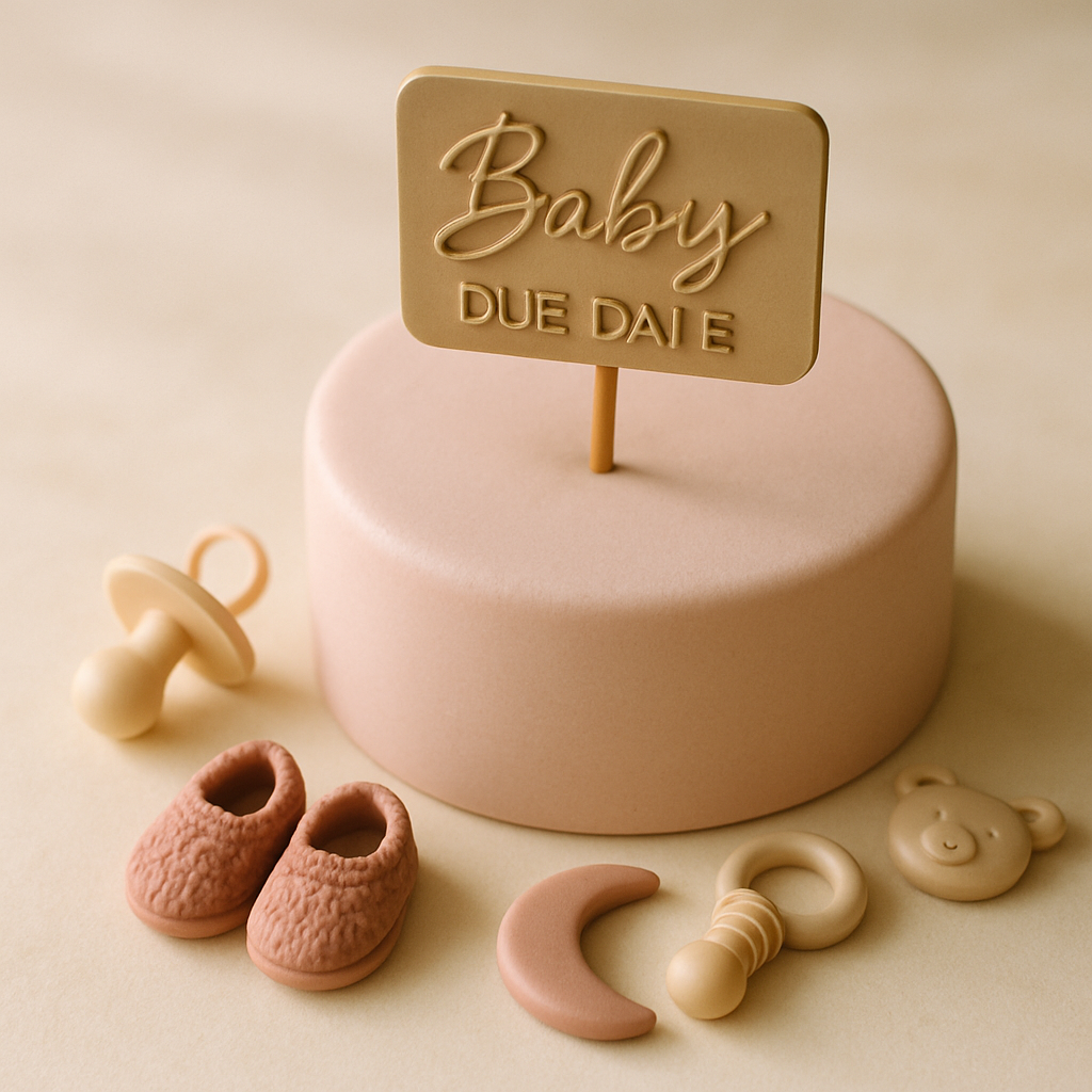 A custom cake topper displaying a baby's name and due date in gold lettering on a pastel pink cake.