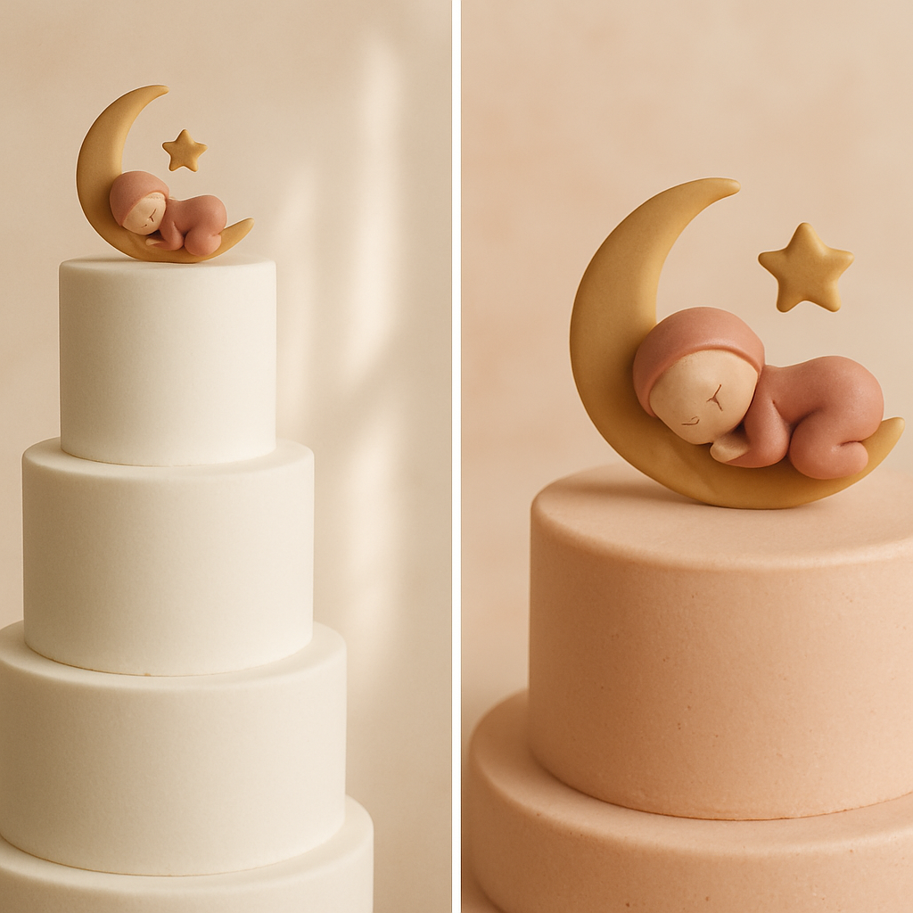 A comparison showing a cake topper properly scaled to a smaller baby shower cake versus looking too small on a tall cake.