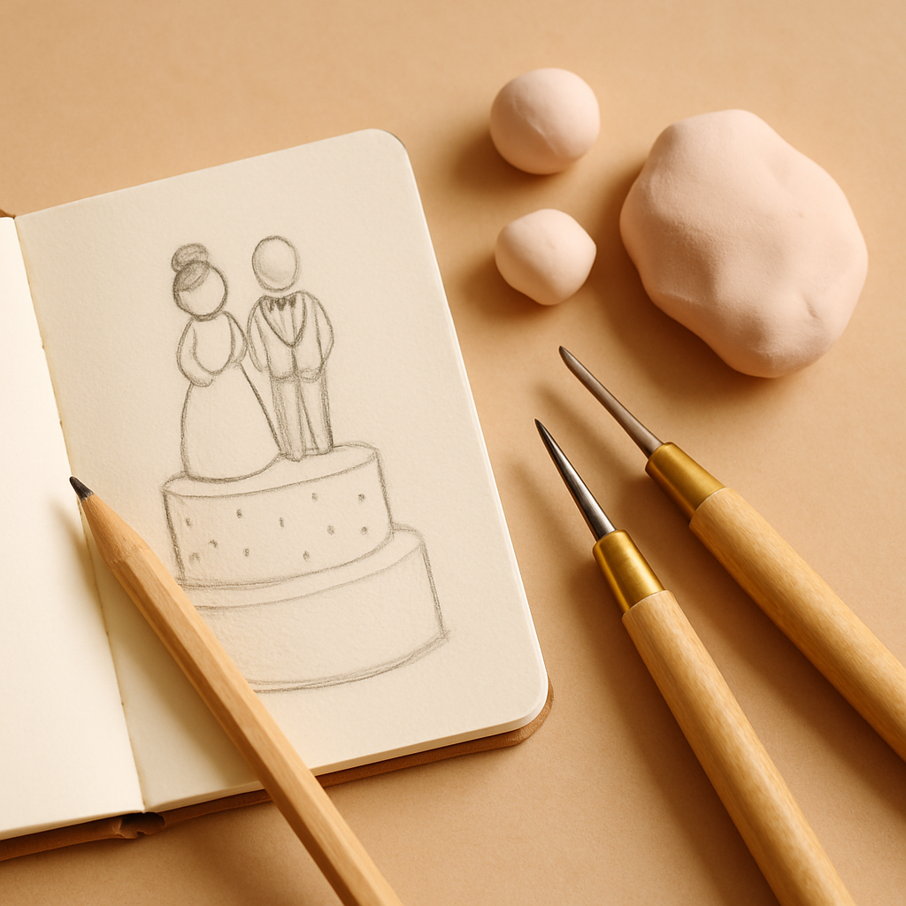 A pencil sketch of a cake topper design rests on a craft desk beside tools and unshaped clay.