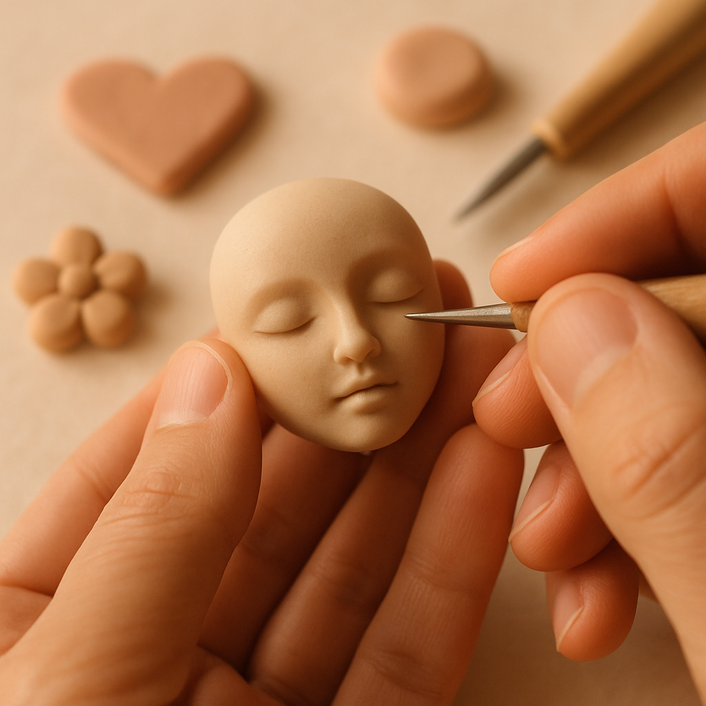 A crafter's hands use a small sculpting tool to shape delicate facial features into a clay figurine.
