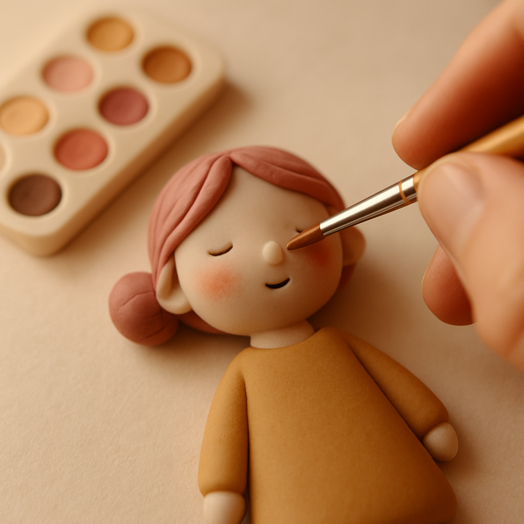 A fine paintbrush applies delicate color details to a small clay figurine's face beside a paint palette.