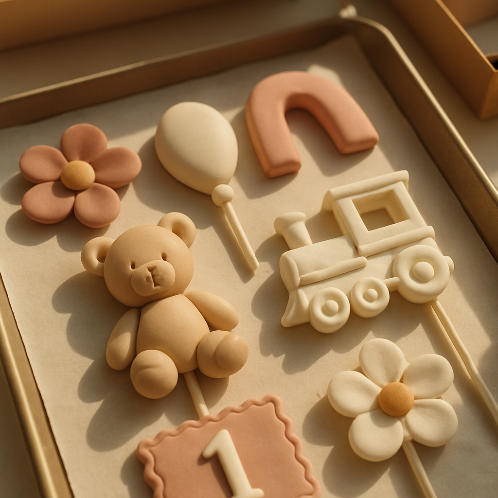 Finished cake toppers dry on a tray near a sunlit window before being packaged for shipping.