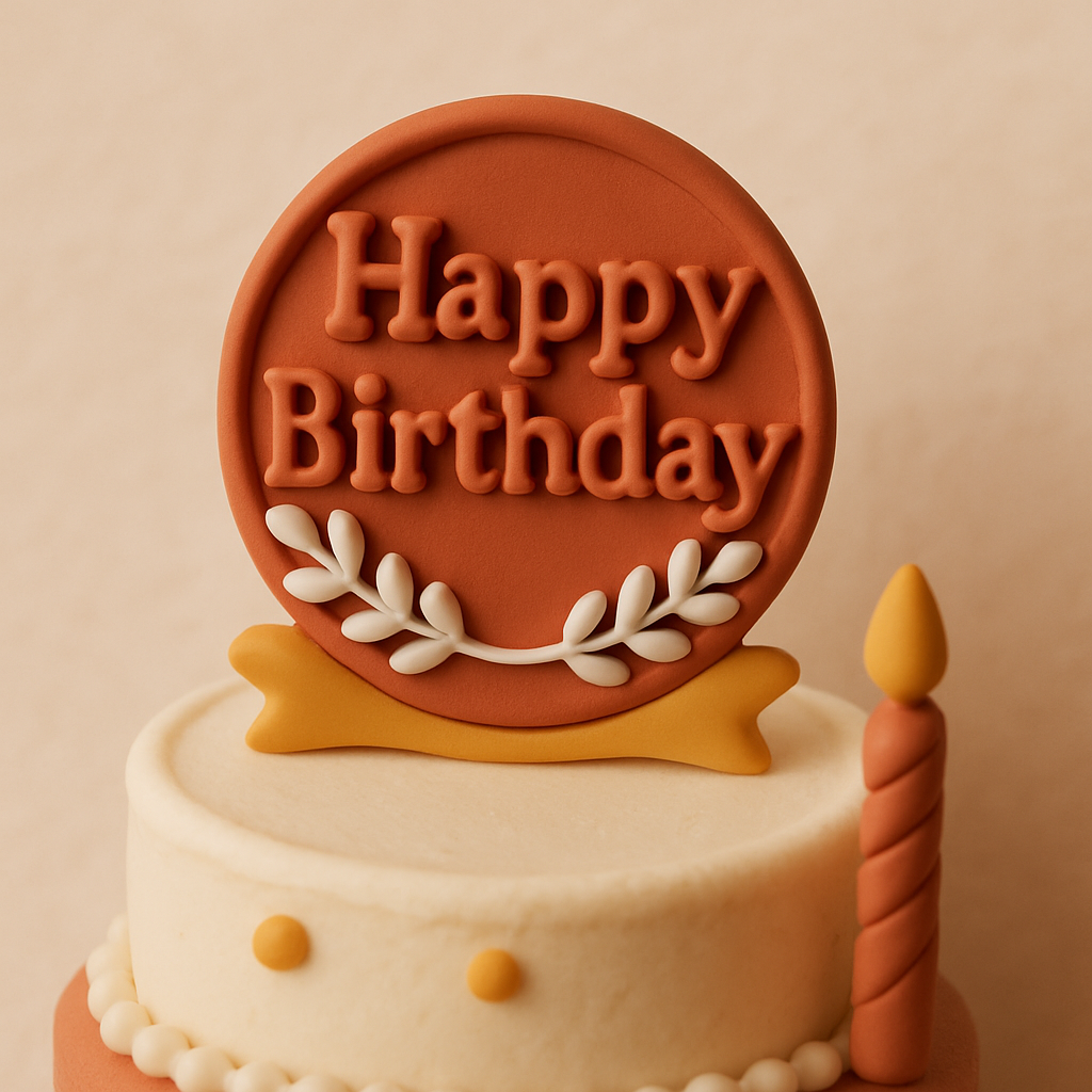 A terracotta cake topper is paired with cream and mustard accents on a birthday cake.