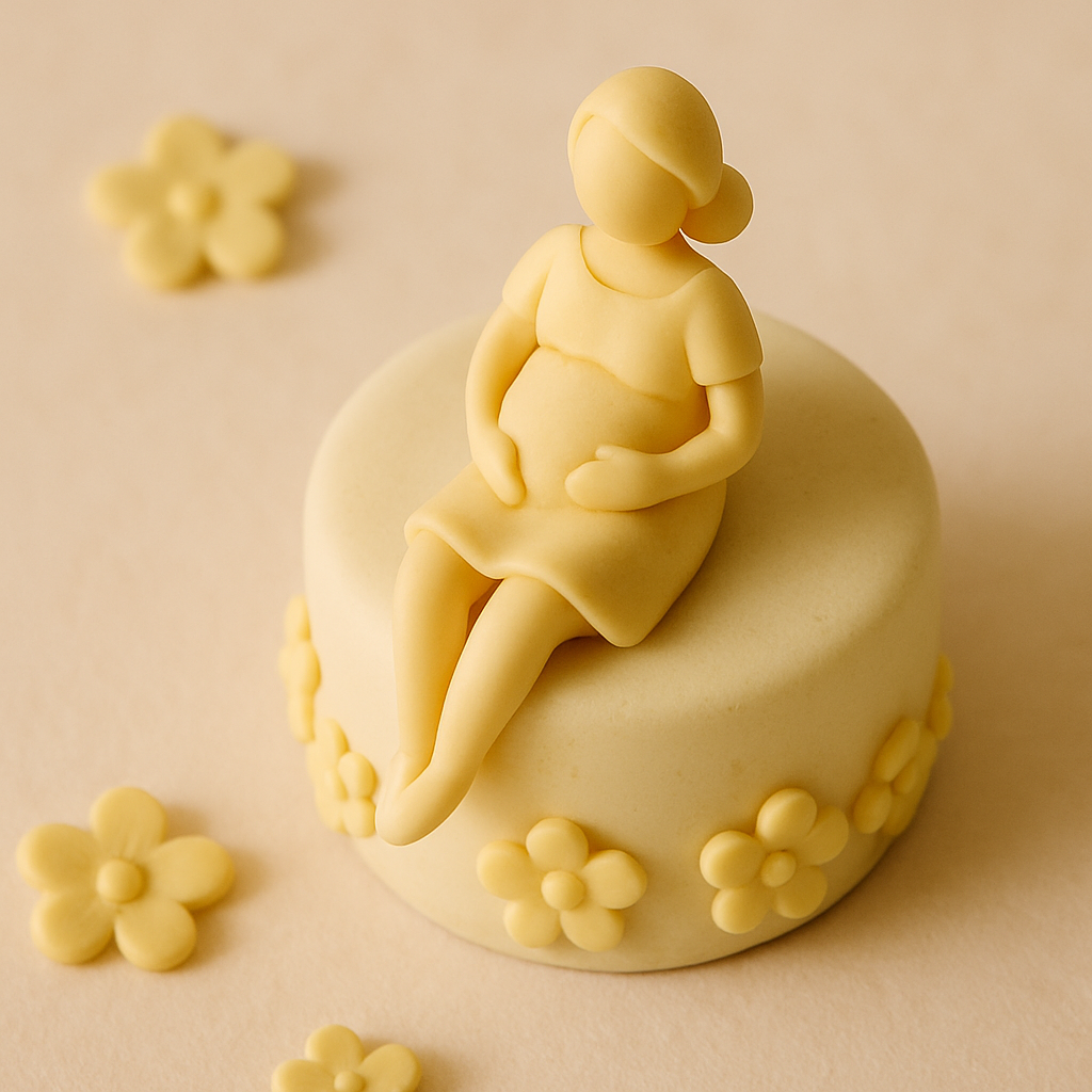 A butter yellow cake topper stands on a baby shower cake with soft floral accents.