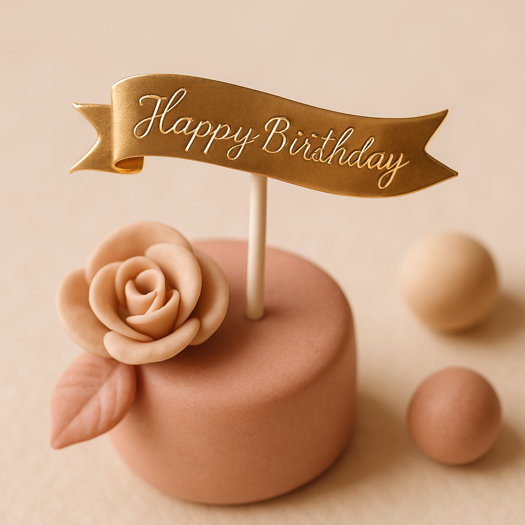 A cake topper features a single gold script banner as its only metallic detail.