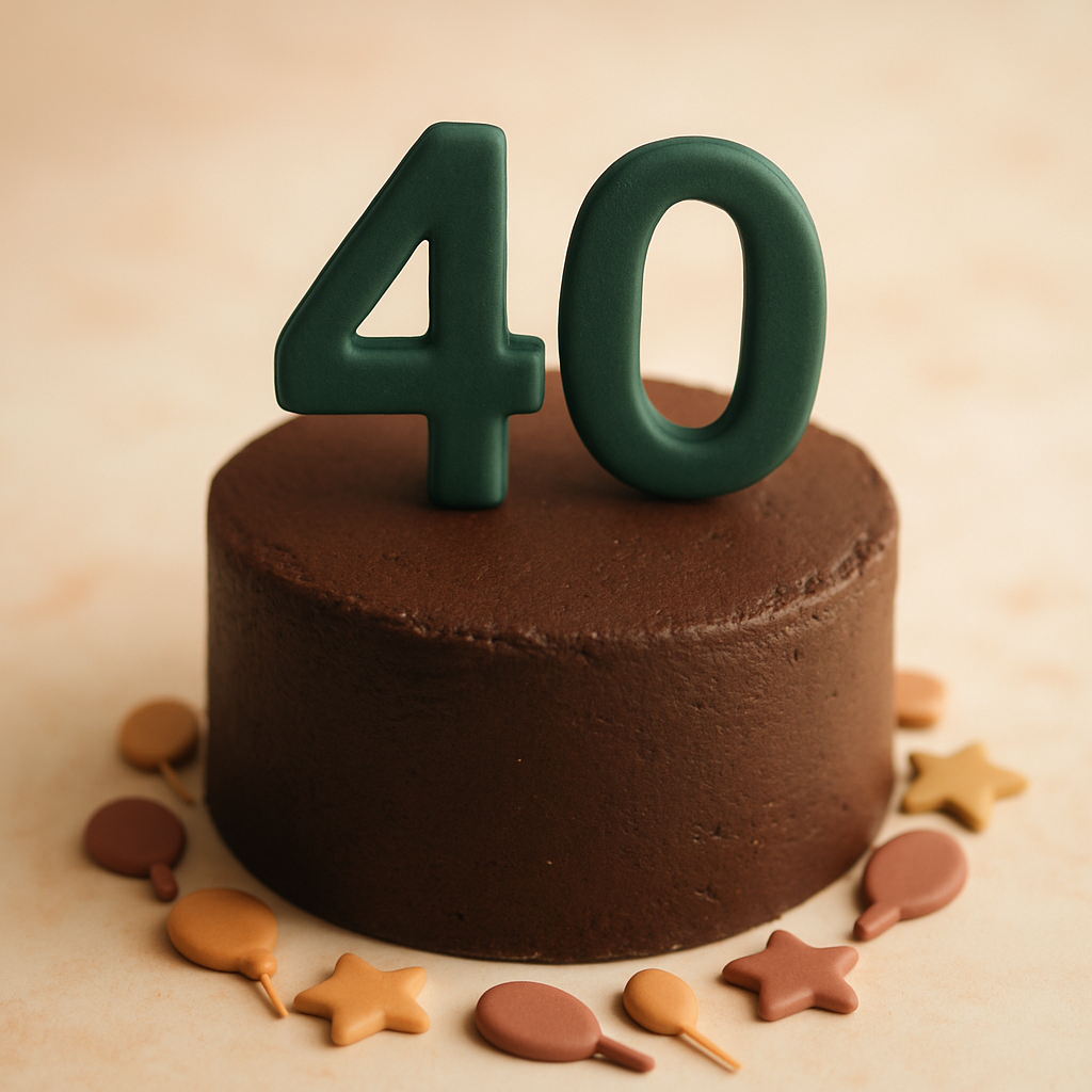 A deep emerald green number forty cake topper stands on a dark chocolate birthday cake.