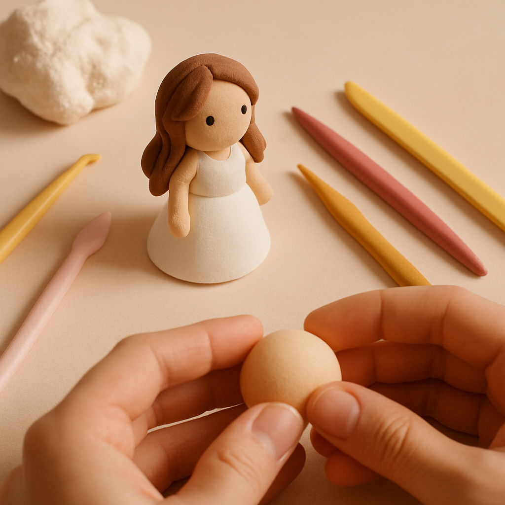 A maker hand-shapes a custom cake topper from foam clay at a craft table surrounded by sculpting tools.