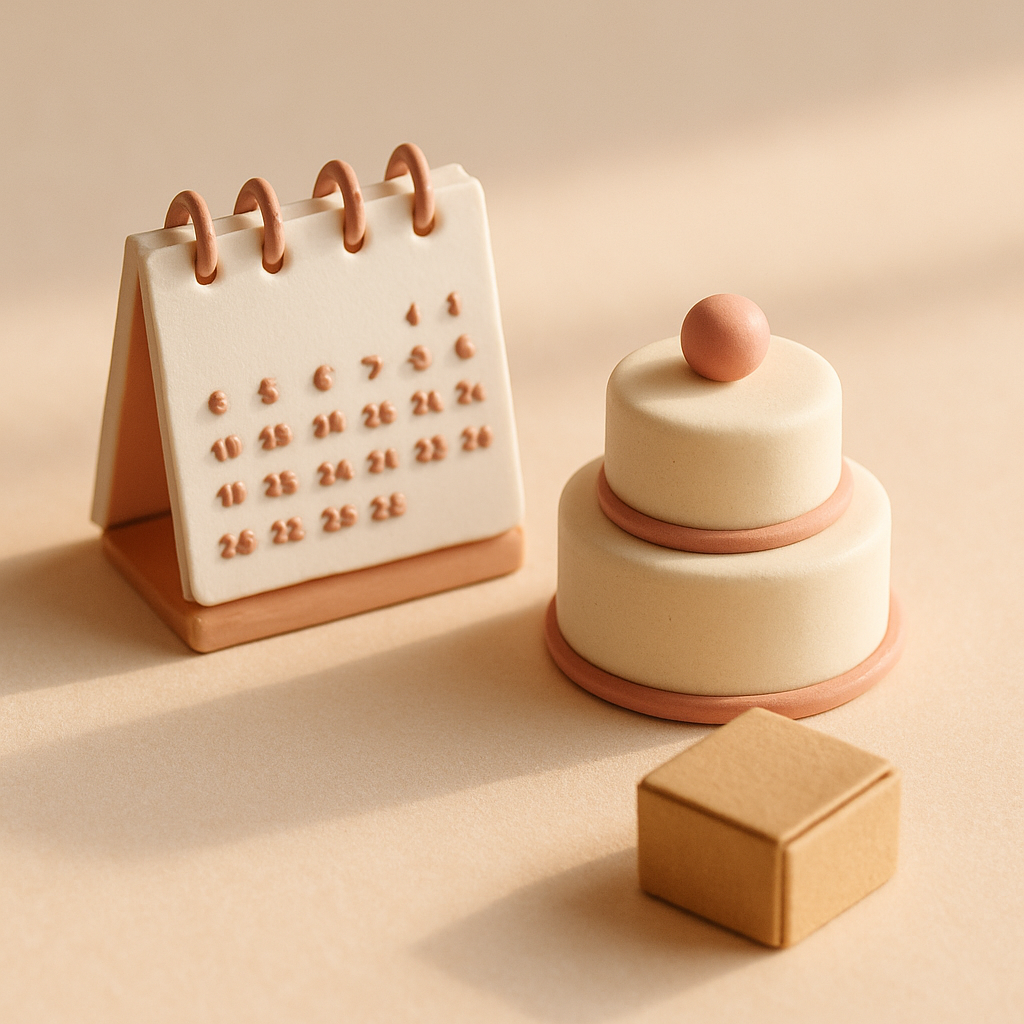 A desk calendar sits beside a finished cake topper and shipping box, illustrating order lead time.