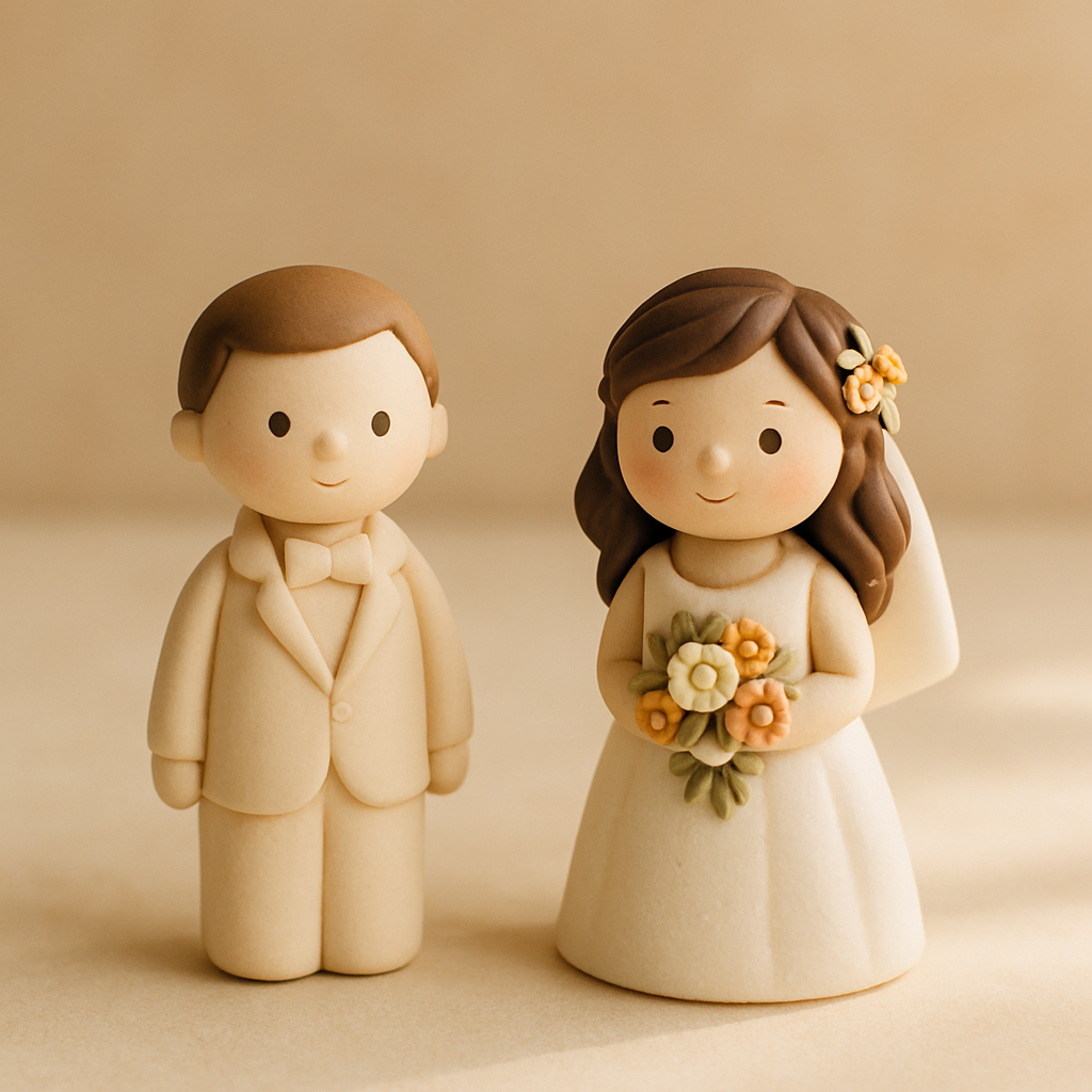 A simple understated cake topper sits next to a more elaborate design with multiple painted details for comparison.