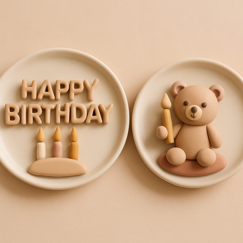 A ready-made cake topper and a custom cake topper are displayed on separate dessert plates for side-by-side comparison.
