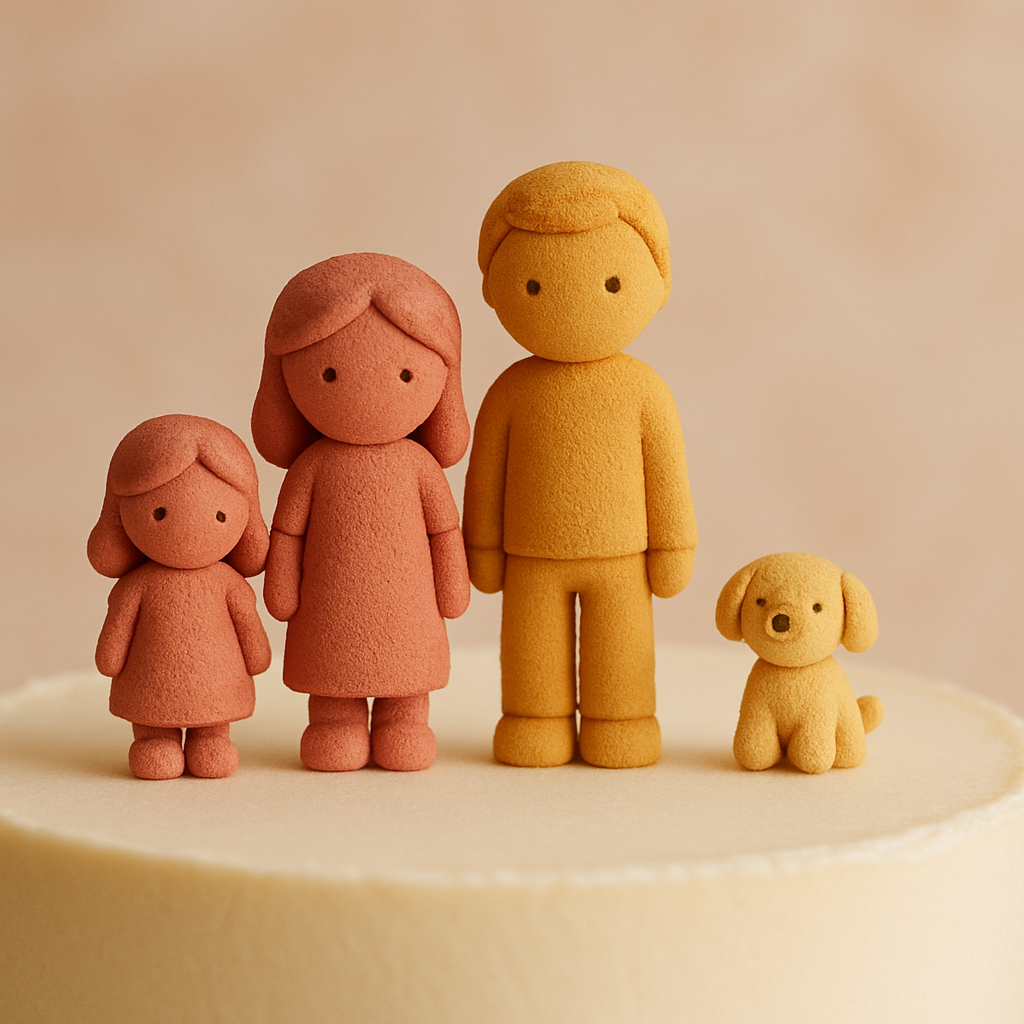 A family figure group arranged by height includes a small pet dog at the end of the line.