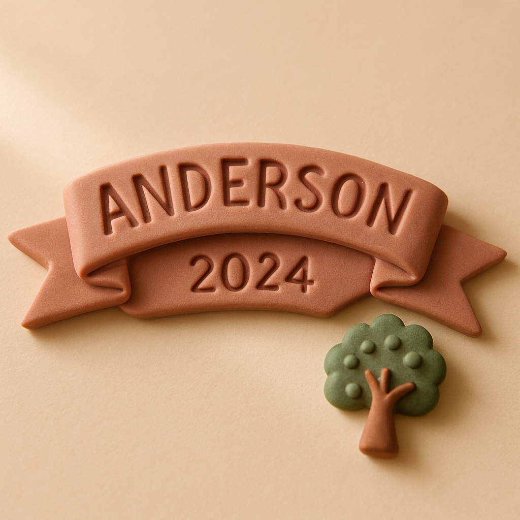 A banner cake topper displays a family surname and reunion year beside a small tree detail.
