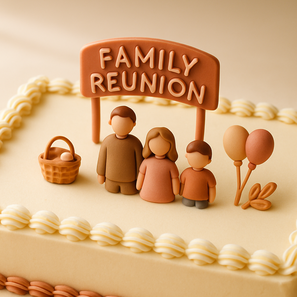 A family reunion cake topper is sized to sit comfortably atop a wide sheet cake.