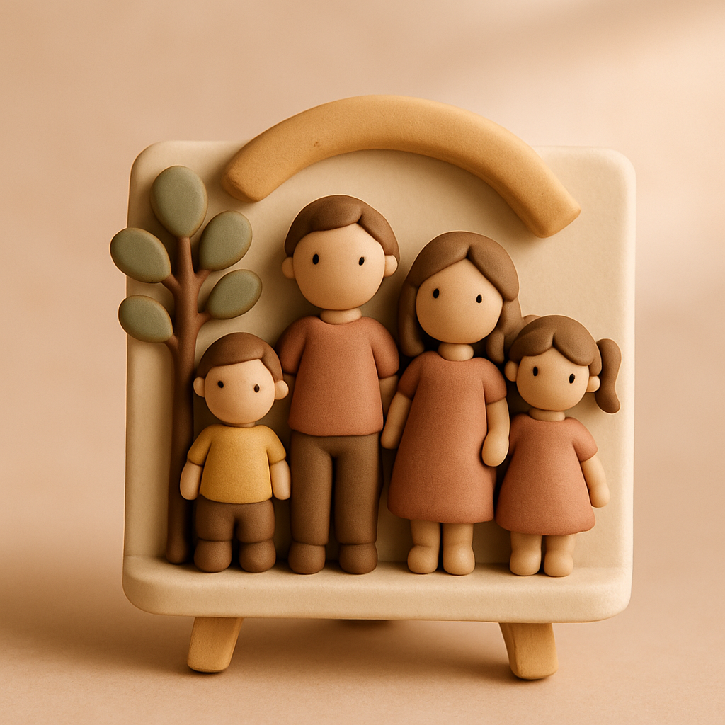 A family reunion cake topper stands on a small shelf display as a keepsake after the event.