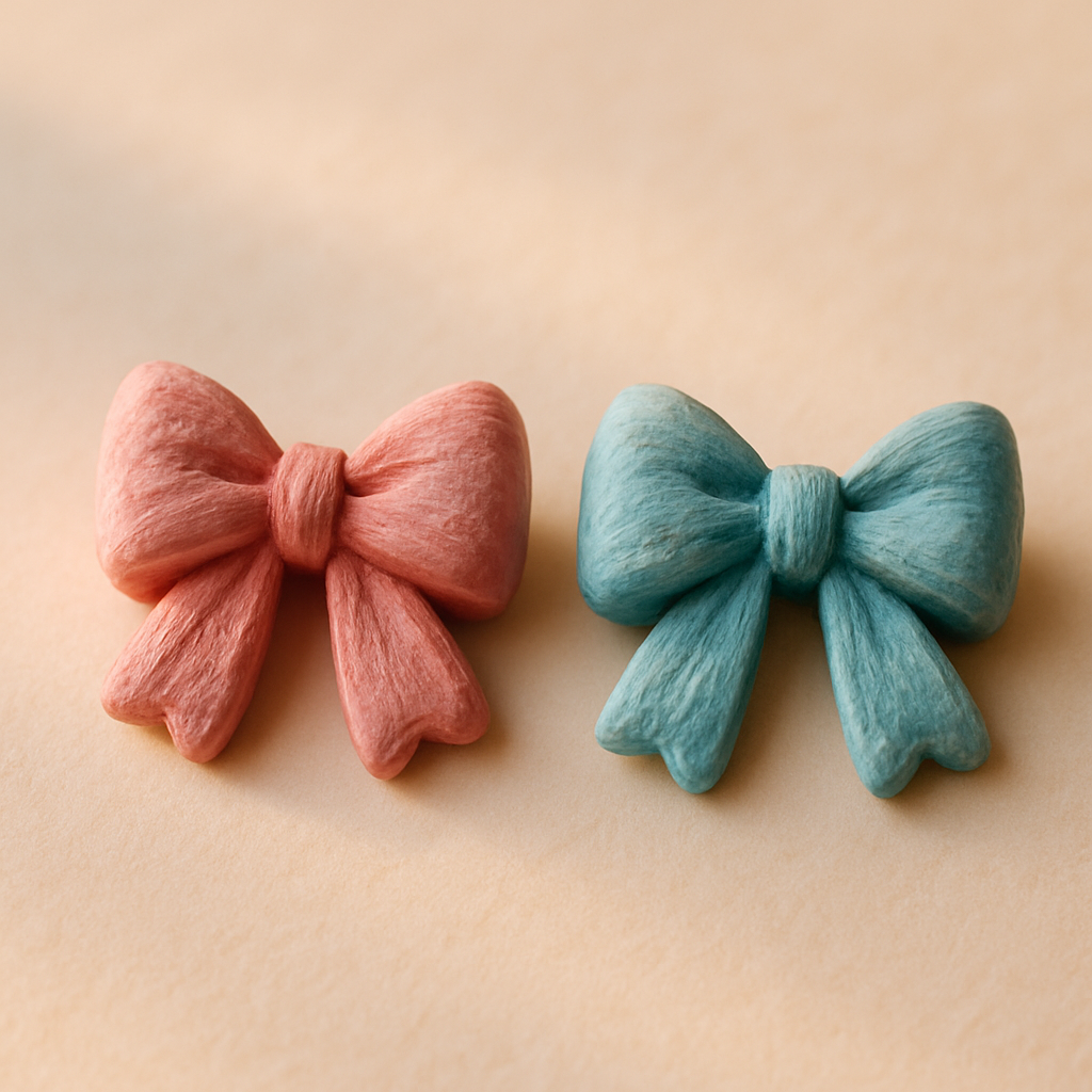 A pink bow cake topper and a blue bow cake topper sit side by side showing their hand-painted textured finish.