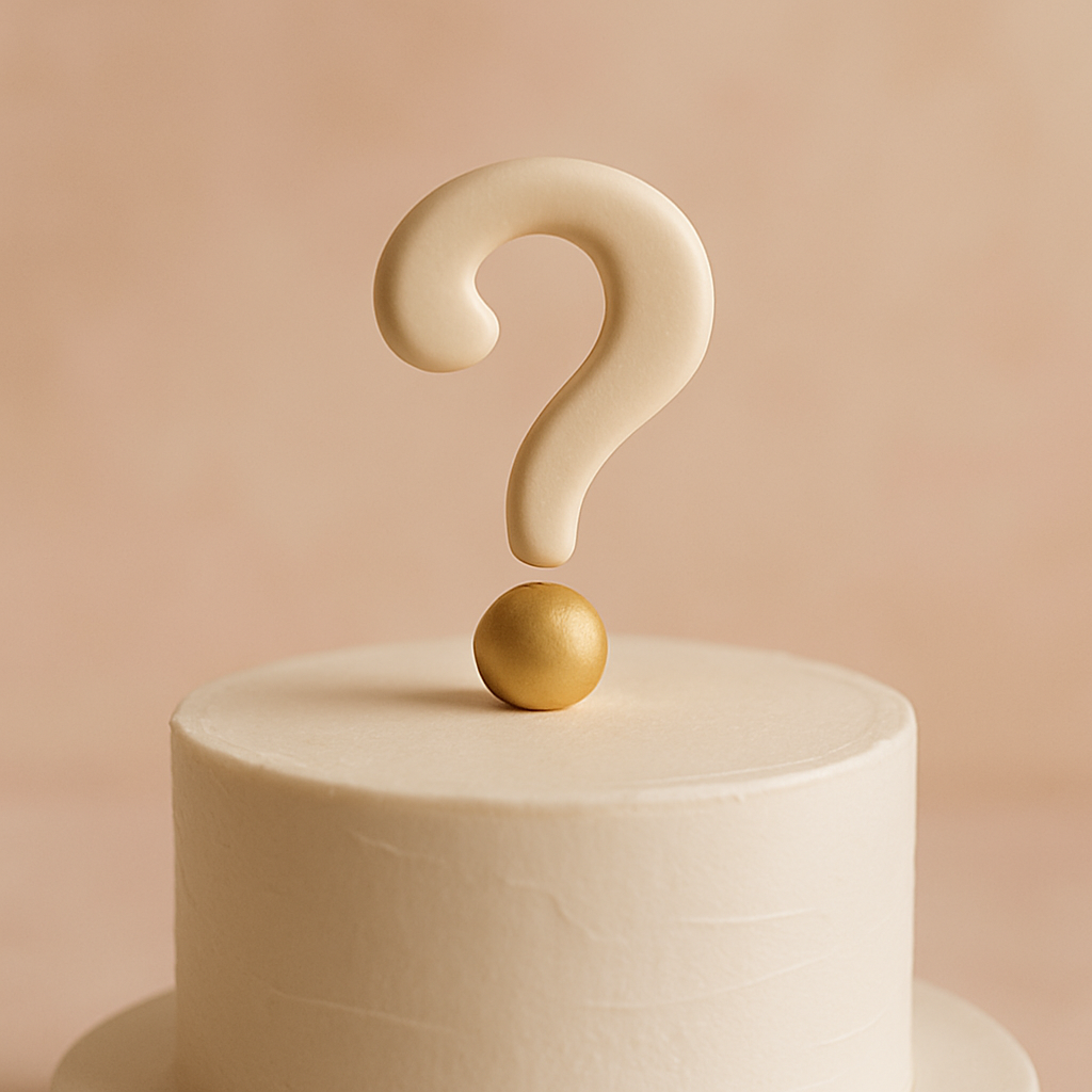 A cream and gold question mark cake topper rests on a plain white tiered cake.