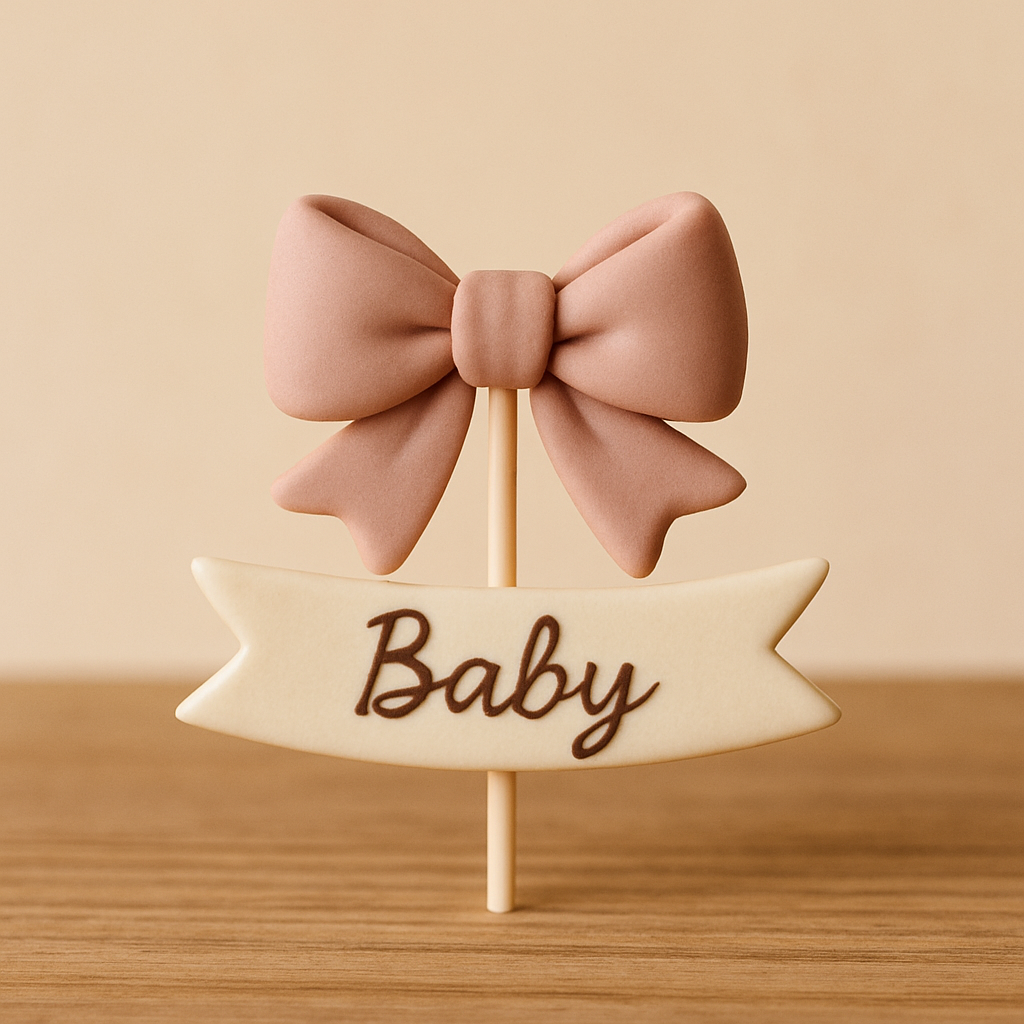 A hand-lettered banner topper displaying a baby name sits beneath a pastel bow on a wooden table.