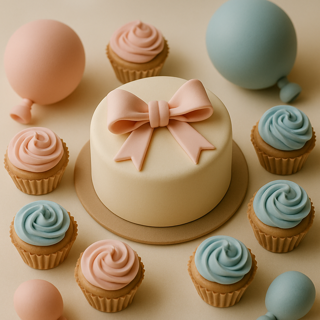 A dessert table for a gender reveal party features a bow-topped cake surrounded by coordinating pink and blue cupcakes and balloons.