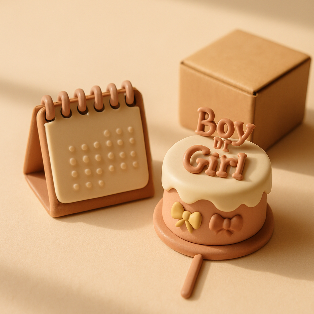 A desk calendar sits beside a finished gender reveal cake topper and a shipping box, illustrating order lead time.