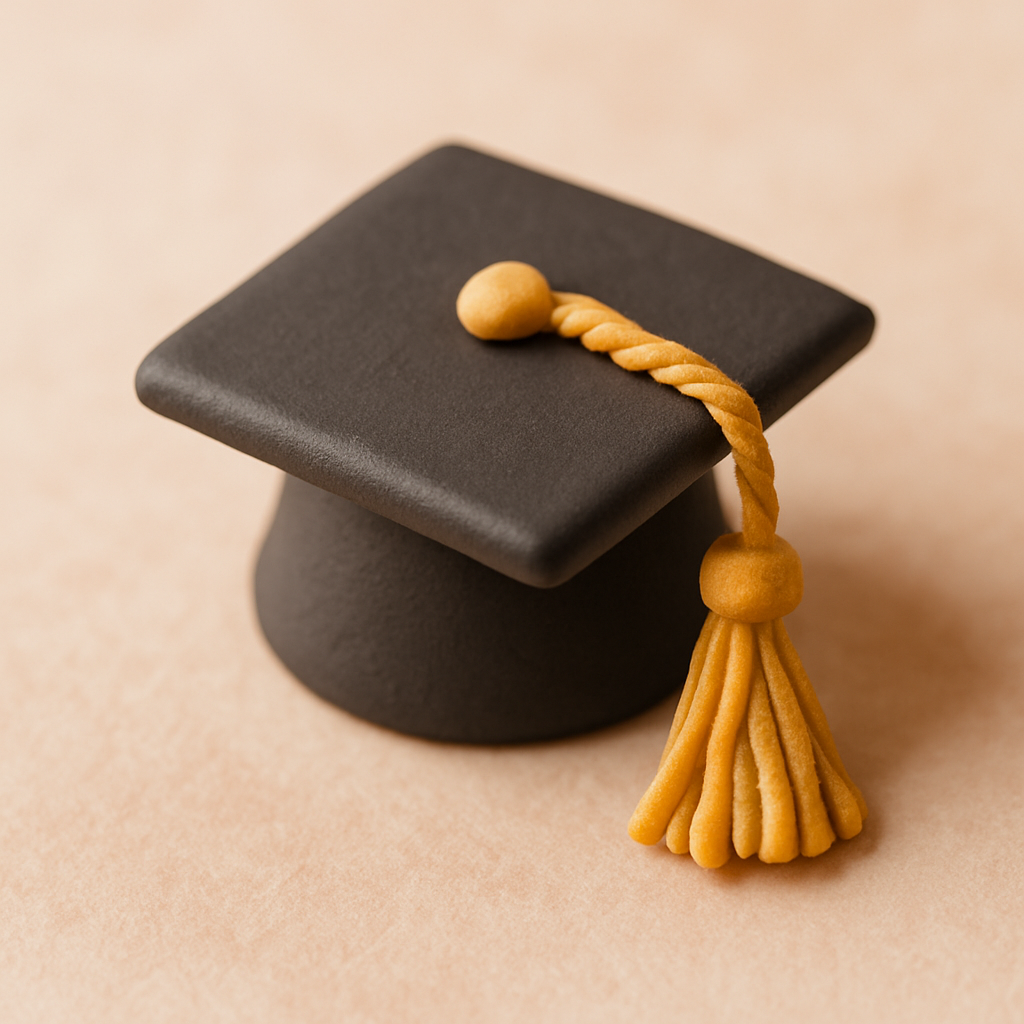 A handcrafted mortar board cake topper with a gold tassel on a frosted cake.