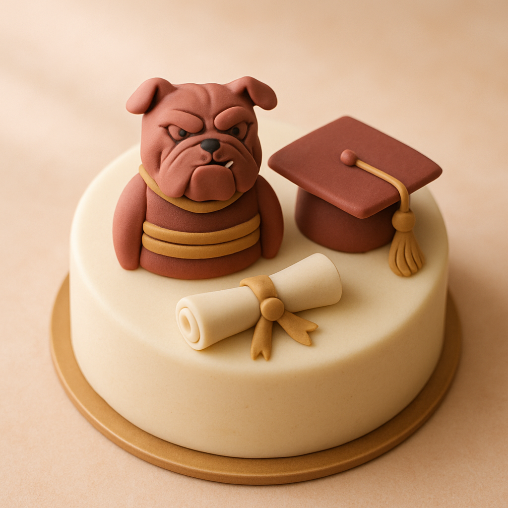 A cake topper featuring a school mascot and team colors placed on a round graduation cake.