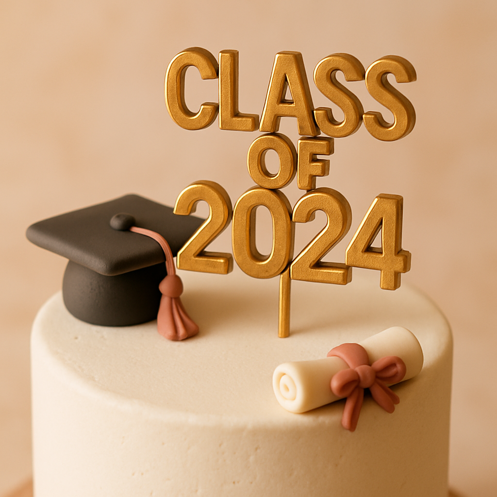 A metallic Class of graduation year cake topper on a simple white cake.