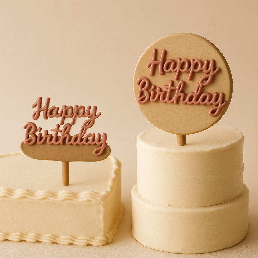 A comparison of cake topper proportions on a sheet cake versus a tiered graduation cake.