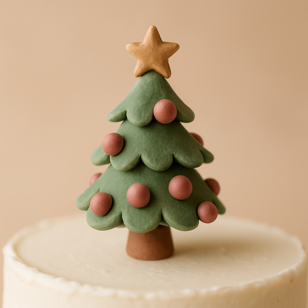 A handcrafted miniature Christmas tree cake topper decorated with tiny ornaments.