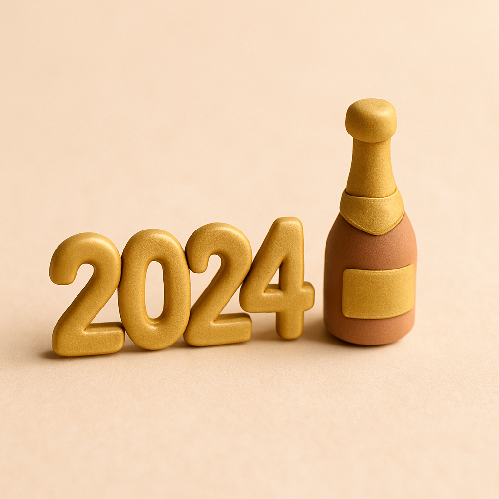 A New Year's Eve cake topper showing the incoming year in gold numbers beside a tiny champagne bottle.