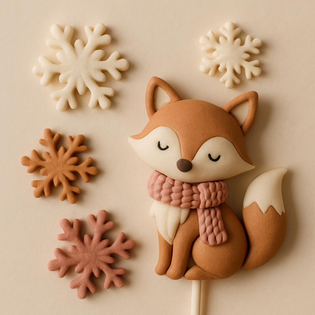 A winter cake topper featuring snowflakes and a small fox wearing a knitted scarf.