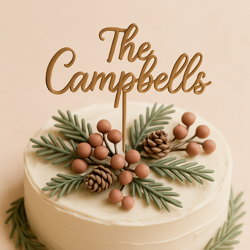 A custom family name cake topper in elegant script on a holiday cake decorated with pine and berries.