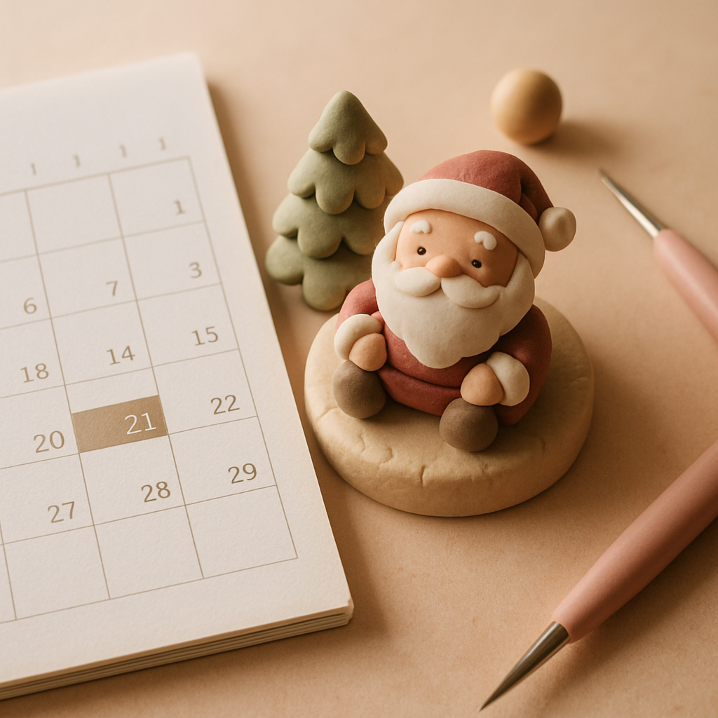 A calendar marking an early holiday order date next to a handcrafted cake topper in progress on a workbench.