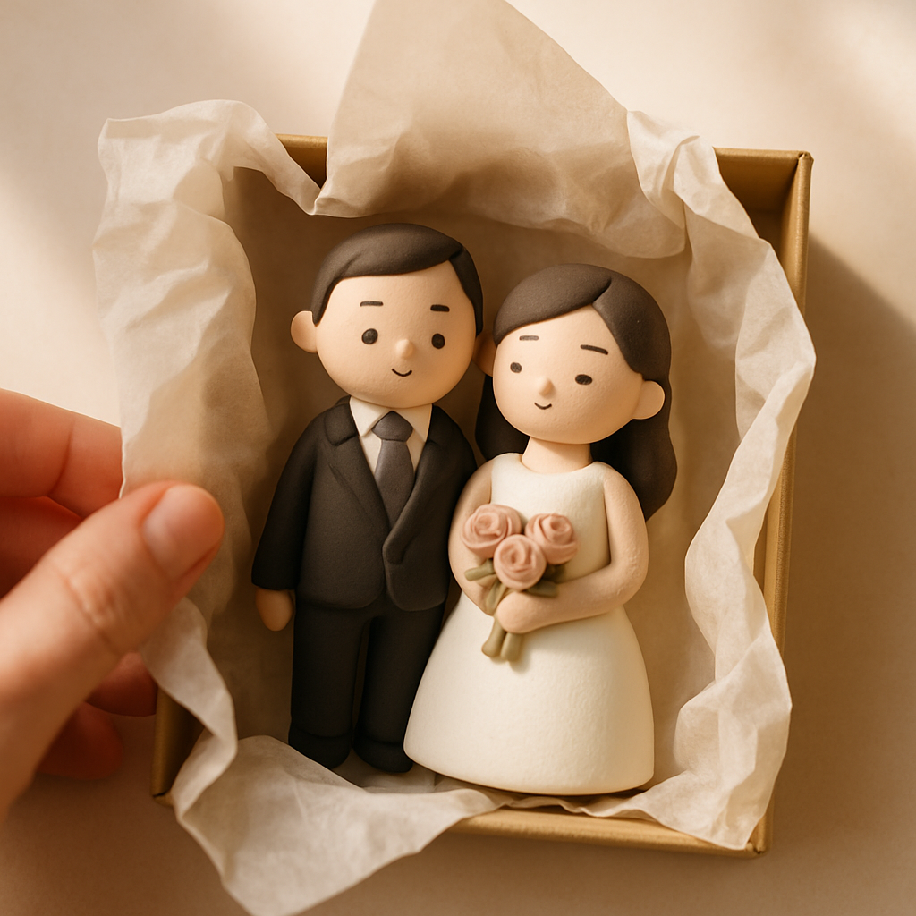 A wedding cake topper is nestled in tissue paper inside an open shipping box.