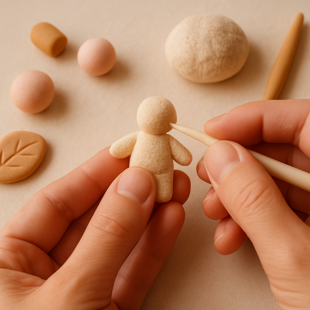 A pair of hands sculpts a small figure from foam clay at a home studio worktable.