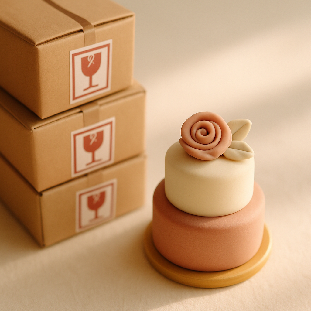 A finished cake topper sits beside a stack of boxes marked fragile, ready for shipping.