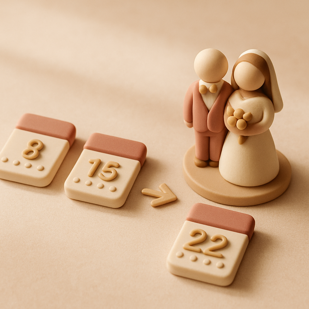 A cake topper is shown alongside a countdown of calendar pages leading up to a wedding date.