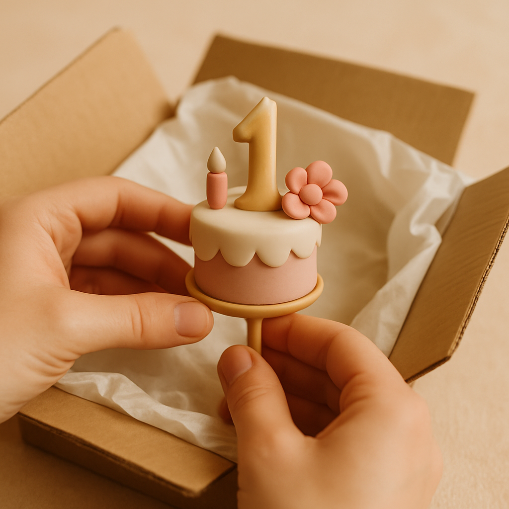 A pair of hands carefully lifts a cake topper by its base out of tissue paper packaging.
