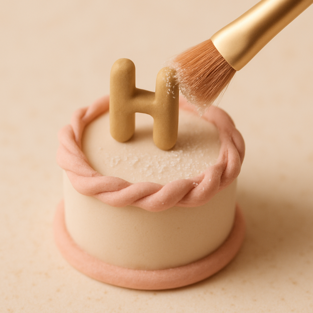 A small soft brush is used to gently remove frosting residue from a cake topper on a countertop.