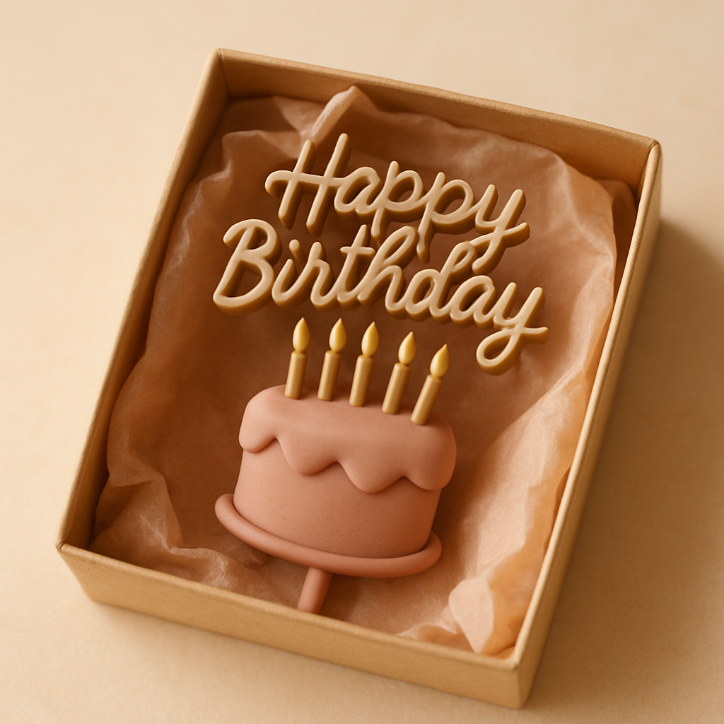 A handcrafted cake topper rests upright in a tissue-paper-lined box prepared for storage.